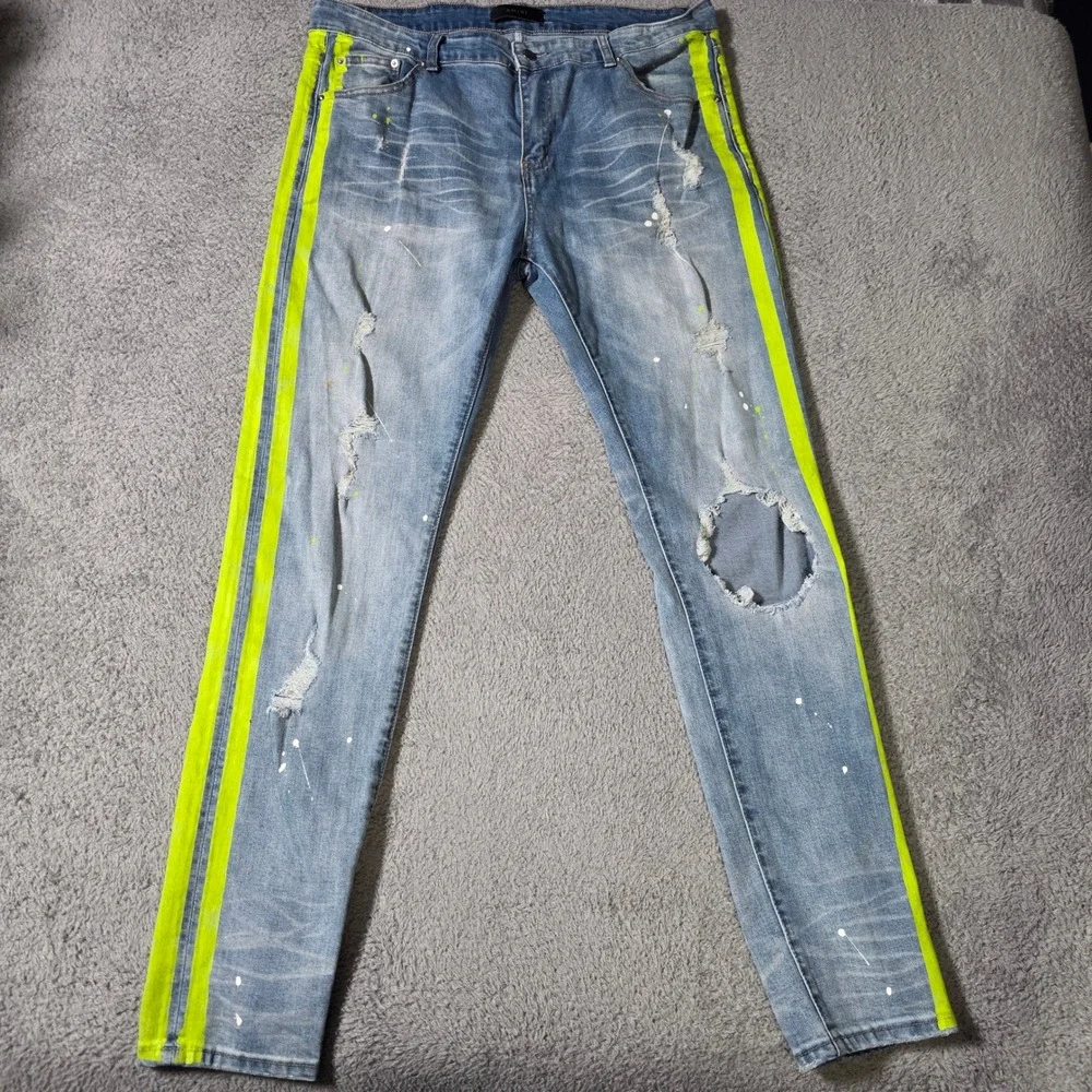 Amiri Mens 38 MX1 Distressed Jeans Light Blue Neon Yellow Stripe Paint Splatter